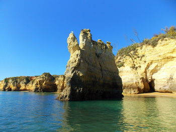 Rock formations in sea against clear blue sky