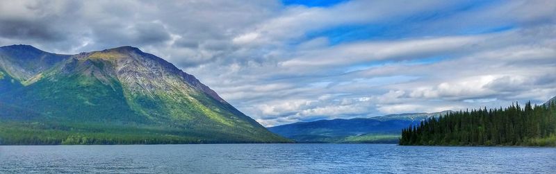 Scenic view of lake by mountains against sky