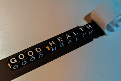 High angle view of text on table