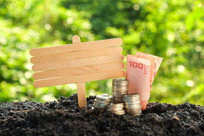 Close-up of coin and currency on field