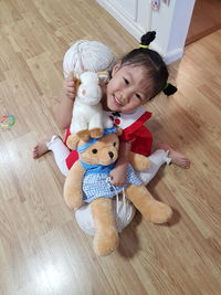 High angle view of baby toy on floor at home