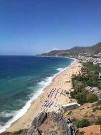 Scenic view of sea against clear blue sky