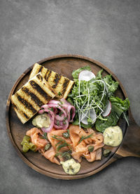 High angle view of food in plate on table