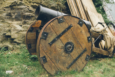 Close-up of abandoned clock on field