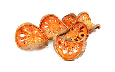 Close-up of cake against white background