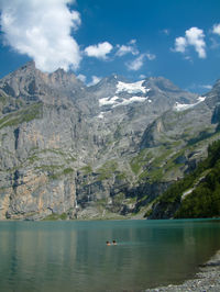 Scenic view of lake and mountains against sky