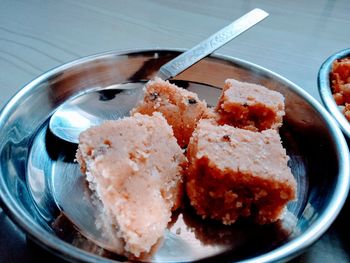 High angle view of dessert in plate on table