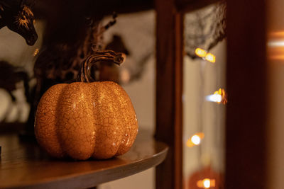 Close-up of pumpkin with illuminated lights 