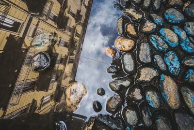 Reflection of buildings in puddle