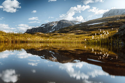 Scenic view of lake and mountains against sky