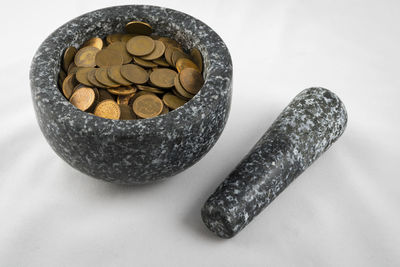 Close-up of coins on table