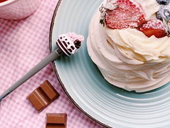 High angle view of cake in plate on table