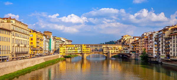 Bridge over river by buildings against sky in city