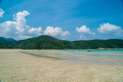 Scenic view of beach against blue sky