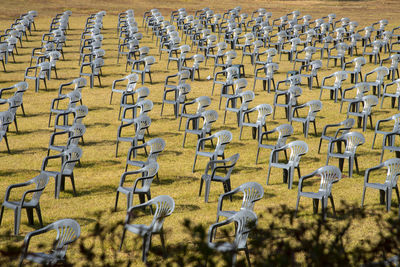 High angle view of chairs on field