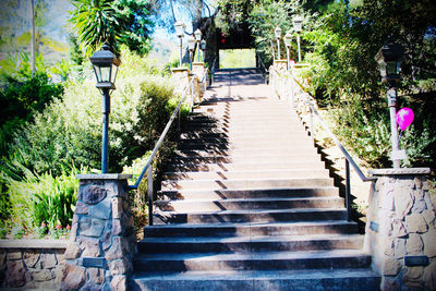 Staircase by street light against trees