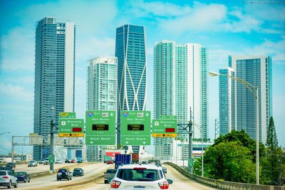 Cars on road by buildings in city against sky