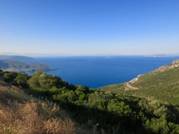 Scenic view of sea against clear blue sky