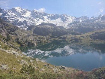 Scenic view of snowcapped mountains against sky