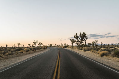 Empty road along trees on field against sky