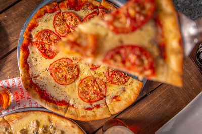 High angle view of pizza on table