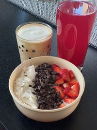 High angle view of drink in glass on table