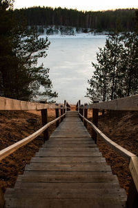 View of bridge over calm lake in forest