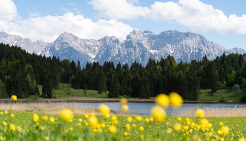 Scenic view of lake against cloudy sky