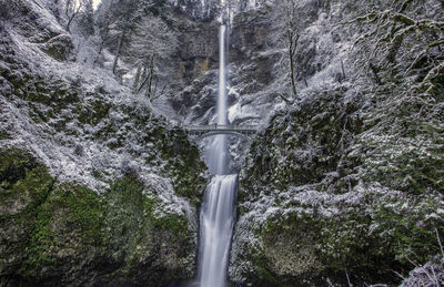 Low angle view of waterfall in forest during winter