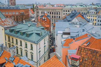 High angle view of residential buildings in city
