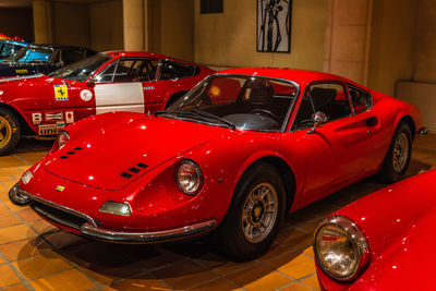 Red vintage car in garage