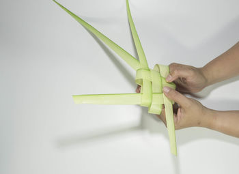 Close-up of hand holding paper over white background