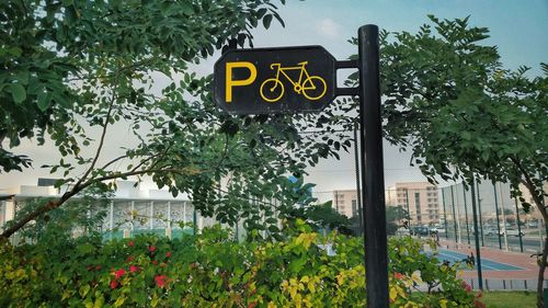 Low angle view of sign board by trees at park