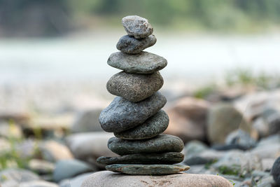 Close-up of stone stack on rock