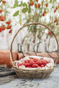 Close-up of strawberries in basket on table