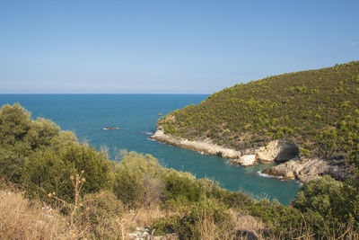 Scenic view of sea against clear blue sky