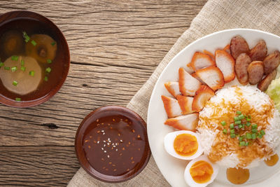 High angle view of breakfast served on table