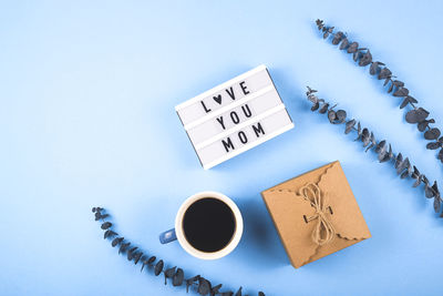 High angle view of coffee cup on table