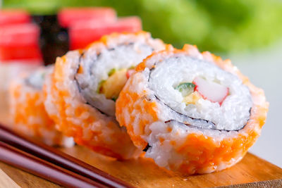 Close-up of sushi served in plate