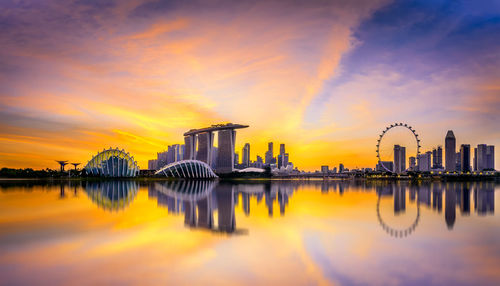 View of city at waterfront during sunset