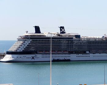 View of ship in sea against clear sky