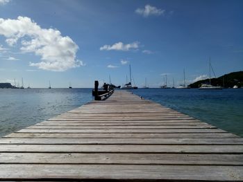 Boardwalk at sea against blue sky on sunny day