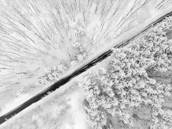 Aerial view of road amidst trees on snow covered landscape