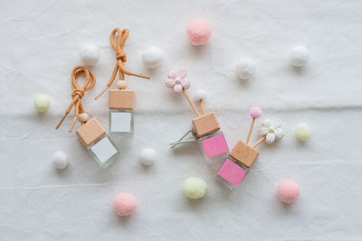 High angle view of christmas decorations on white background