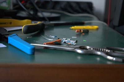 High angle view of motorcycle on table