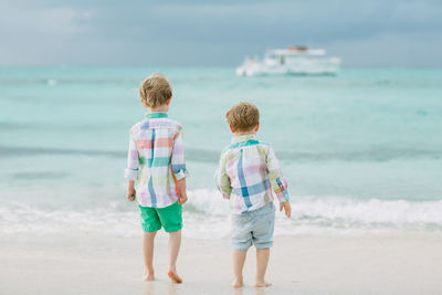 Rear view of boys walking on beach