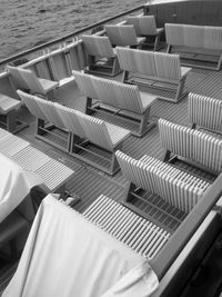 High angle view of seats in boat