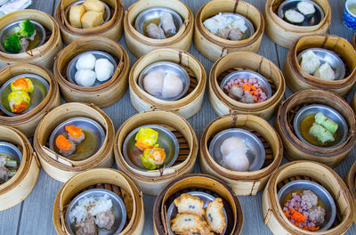 Full frame shot of food in bamboo containers