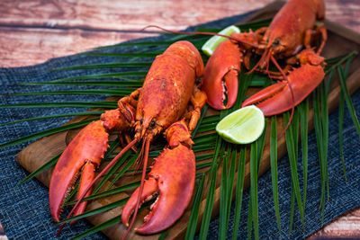 High angle view of red chili peppers on table