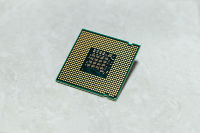 High angle view of telephone booth on table